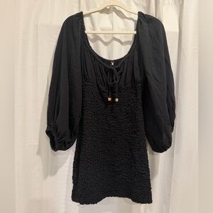Free People Black Mini Dress with Puff Sleeves